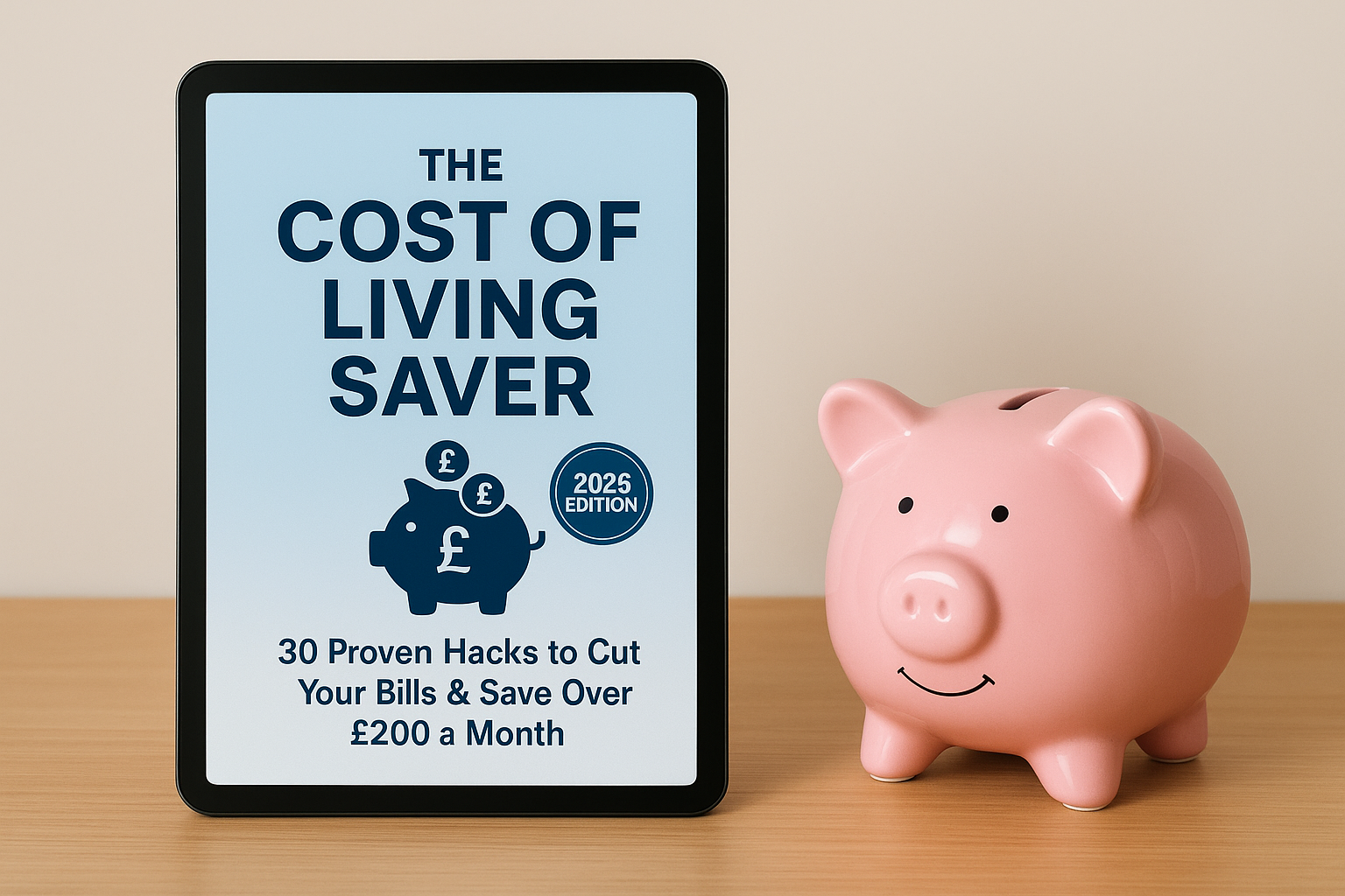 Digital tablet displaying 'The Cost of Living Saver' book cover with a pink piggy bank on a wooden surface.